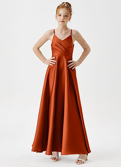 Azazie Avelina Junior A-Linie Plissee Stretch-Satin Kleid Paprika image3