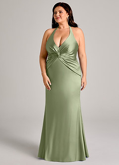 Azazie Valerie Vestidos de damas de honor Vestido Pistacho de Satén Elástico de Corte Sirena con Plisado image11