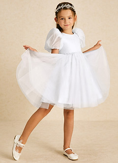 Azazie Blondie Flower Girl Dresses White A-Line with Sleeves Tulle Dress image3