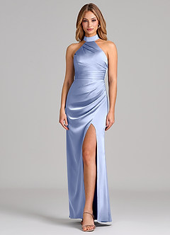 Azazie Karlotta 신부 들러리 드레스 쉬스 주름진 스트레치 새틴 바닥 길이 드레스 image1