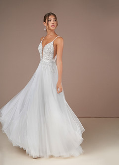 Azazie Celandine Wedding Dresses Diamond White Frost A-Line V-Neck Sequins Tulle Dress image3