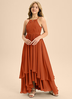 Azazie Elliora Junior A-Linie Plissee Chiffon Kleid Gebranntes Orange image4