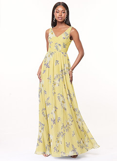 Azazie Keyla Vestidos de damas de honor Vestido de Sorbete De Limón New Day Floral de Gasa de Corte en A con Cuello en V Plisado image1