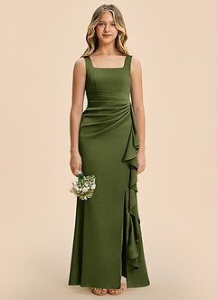Azazie Adrienne Junior Olive Sheath Pleated Stretch Satin Dress image3