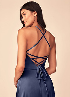 Azazie Mei Vestidos de damas de honor Vestido de Tormenta de Satén Elástico de Corte en A con Cuello en V image3