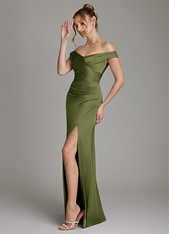 Azazie Teyana Bridesmaid Dresses Olive Sheath Off the Shoulder Stretch Satin Dress image5