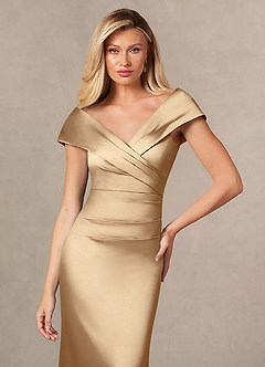 Azazie Ludlow At-home Try On Dresses Champagne Mermaid Pleated Stretch Satin Dress image6