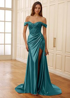 Rowane Peacock Blue Corset Rhinestone Sheer Lace Prom Dress image5