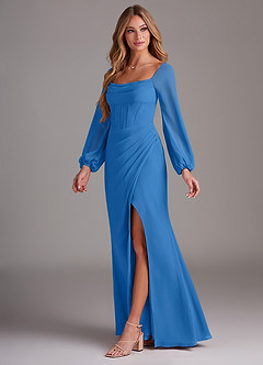 Azazie Charissa Bridesmaid Dresses Blue Jay Sheath Long Sleeve Chiffon Dress image4