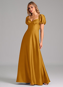 Azazie Fatima Bridesmaid Dresses Butterscotch A-Line Pleated Stretch Satin Dress image4