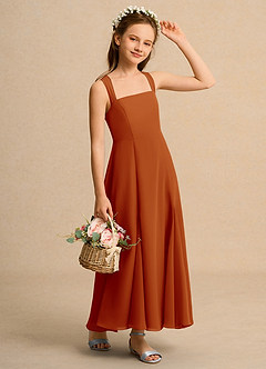 Azazie Tater Junior Formal Jurken voor bloemenmeisjes A-Lijn Jurk van Chiffon Geplooid Paprika image3