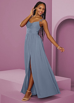 Barbie ♥ Azazie Jurken voor bruidsmeisjes Jurk van Chiffon met A-Lijn Geplooid Stoffig Blauw image13