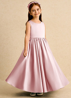 Azazie Nellia Robe Demoiselle D'honneur Fillette Robe Trapèze en Mat Satiné Nœud Rose Poudré image4