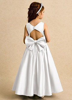 Azazie Nellia Blumenmädchenkleider A-Linie Schleifen Matte Satin Kleid Weiß image1