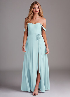 Azazie Aaron Bridesmaid Dresses Sea Glass A-Line Off the Shoulder Chiffon Convertible Dress image4