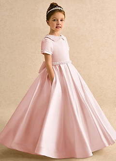 Azazie Gabriella Flower Girl Dresses Blushing Pink Ball-Gown with Sleeves Matte Satin Dress image3