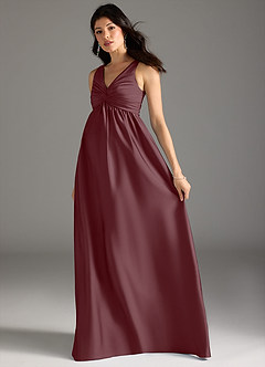 Azazie Yetta Maternity Bridesmaid Dresses A-Line Pleated Stretch Satin Floor-Length Dress image6