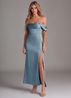 Azazie Saige 신부 들러리 드레스 인어 오프 더 숄더 스트레치 새틴 발목 길이 드레스 image3