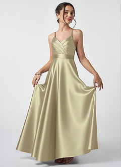 Azazie Avelina Junior Moss Green A-Line Pleated Metallic Satin Dress image1