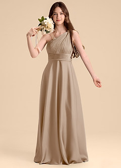 Azazie Charlize Junior Taupe A-Line Pleated Stretch Satin Dress image6