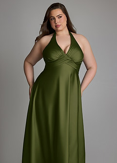 Azazie Tessie Bridesmaid Dresses Bright Olive A-Line Pleated Stretch Satin Dress image11
