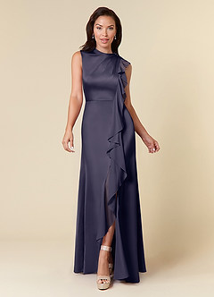 Azazie Narine Mother of the Bride Dresses Stormy A-Line High Neckline Pleated Stretch Satin Dress image3