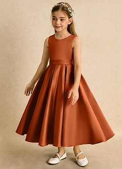 Azazie Junebuj vestidos de niña de las flores Vestido de Naranja Quemada de Satin Mate de Princesa con Plisado image3