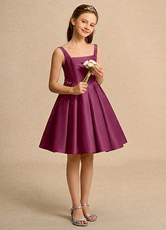 Azazie Jello Girls Formal Flower Girl Dresses Mulberry Ball-Gown Pleated Matte Satin Dress image4