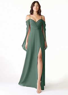 Azazie Cienna Robes de demoiselle d'honneur Robe Trapèze en Mousseline de soie Épaule décolletée Mousse De Mer image1
