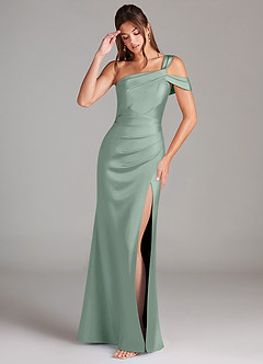 Azazie Wynter Robes de demoiselle d'honneur Robe Fourreau en Satin extensible Asymétrique Agave image3