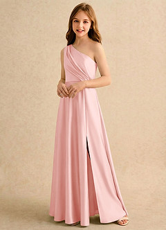 Azazie Puddles Girls Formal Flower Girl Dresses Powder Pink A-Line One Shoulder Stretch Satin Dress image4