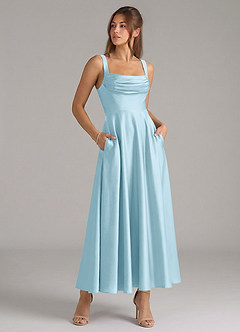 Azazie Shaude Bridesmaid Dresses Sky Blue A-Line Pleated Stretch Satin Dress image3