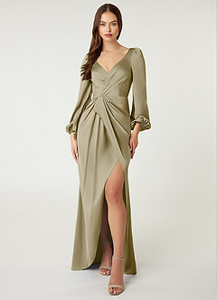 Azazie Mel Bridesmaid Dresses Moss Green Sheath Long Sleeve Stretch Satin Dress image1