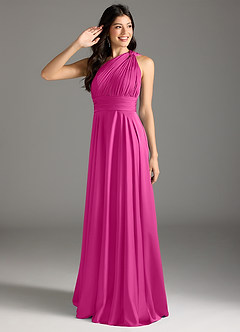 Azazie Charlize Robes de demoiselle d'honneur Robe Trapèze en Satin extensible Ue épaule Fuchsia image1