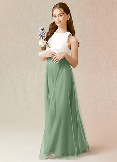 Azazie Albertine Junior Abito A-Line in Chiffon Pizzo Matcha image4
