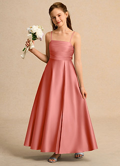 Azazie Pebbles Girls Formal Flower Girl Dresses Salmon Pink A-Line Pleated Matte Satin Dress image1