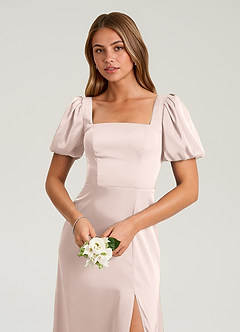 Azazie Fyona Bridesmaid Dresses Blushing Pink A-Line Pleated Stretch Satin Dress image6