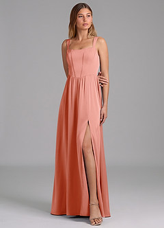 Azazie Rosaline Bridesmaid Dresses Coral A-Line Side Slit Stretch Satin Dress image4