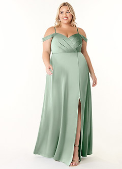 Azazie Ocean Bridesmaid Dresses Agave A-Line V-Neck Pleated Stretch Satin Dress image6
