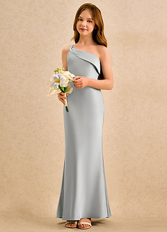 Azazie Almond Girls Formal Robe Demoiselle D'honneur Fillette Robe Fourreau en Satin extensible Une épaule Argent image3