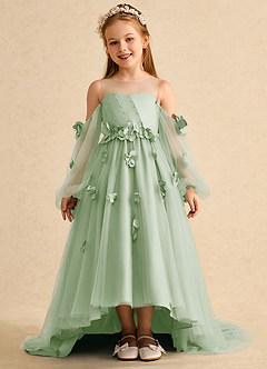Azazie Karrie Flower Girl Dresses Dusty Sage A-Line with Sleeves Tulle Dress image1
