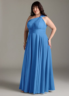 Azazie Charlize Bridesmaid Dresses Blue Jay A-Line One Shoulder Chiffon Dress image11