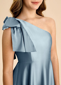 Azazie Penguin Junior Dusty Blue A-Line Bow Stretch Satin Dress image7