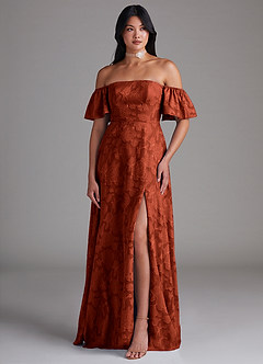 Azazie Sue Bridesmaid Dresses Auburn A-Line Off the Shoulder Floral Burnout Convertible Dress image5