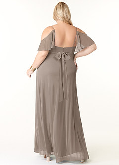 Azazie Fiena Final Sale Taupe A-Line V-neck Ruched Mesh Dress image8