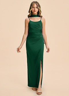 Azazie Calandra Junior Vestido Verde Oscuro de Satén Elástico de Corte Recto con Plisado image5