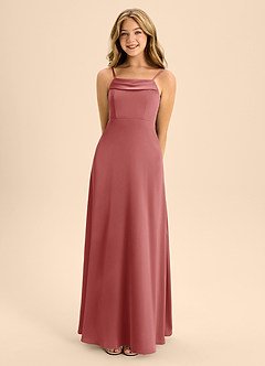 Azazie Anselie Junior A라인 오프 더 숄더 스트레치 새틴 플로어 길이 주니어 신부 들러리 드레스 image4