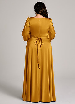 Azazie Leonia 신부 들러리 드레스 A라인 긴팔 스트레치 새틴 바닥 길이 드레스 image13