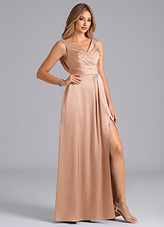 Azazie Karina Bridesmaid Dresses Rose Gold A-Line Pleated Stretch Satin Dress image5