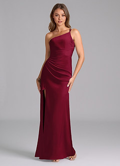 Azazie Eren Bridesmaid Dresses Burgundy Mermaid One Shoulder Stretch Satin Dress image5
